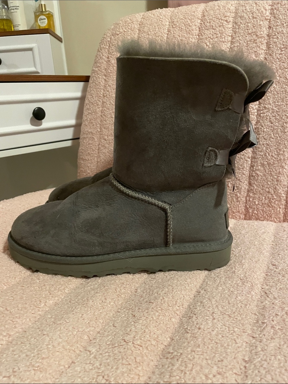 UGG Gray Suede Mid-Calf Boots with Back Ribbon Bows